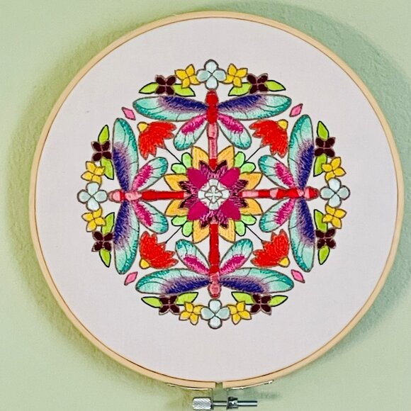 Dragonfly Art Wall Hanging Embroidered Hoop Framed 8" Set of 2 Handmade New - Picture 5 of 11